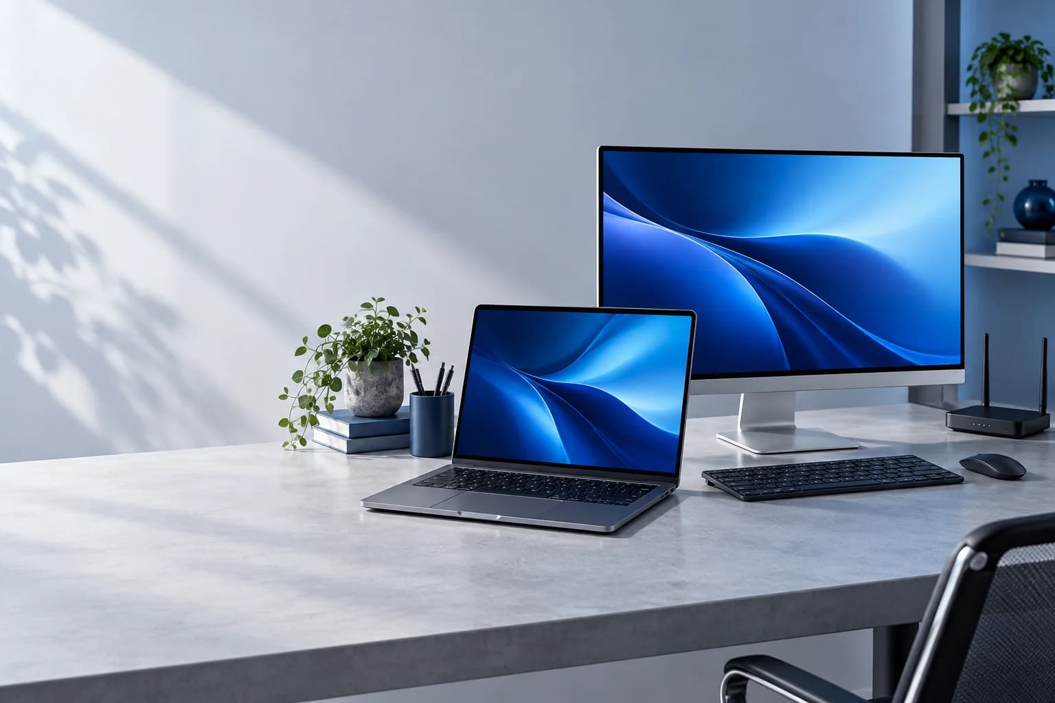 Dizüstü bilgisayar ve monitörle modern çalışma alanı