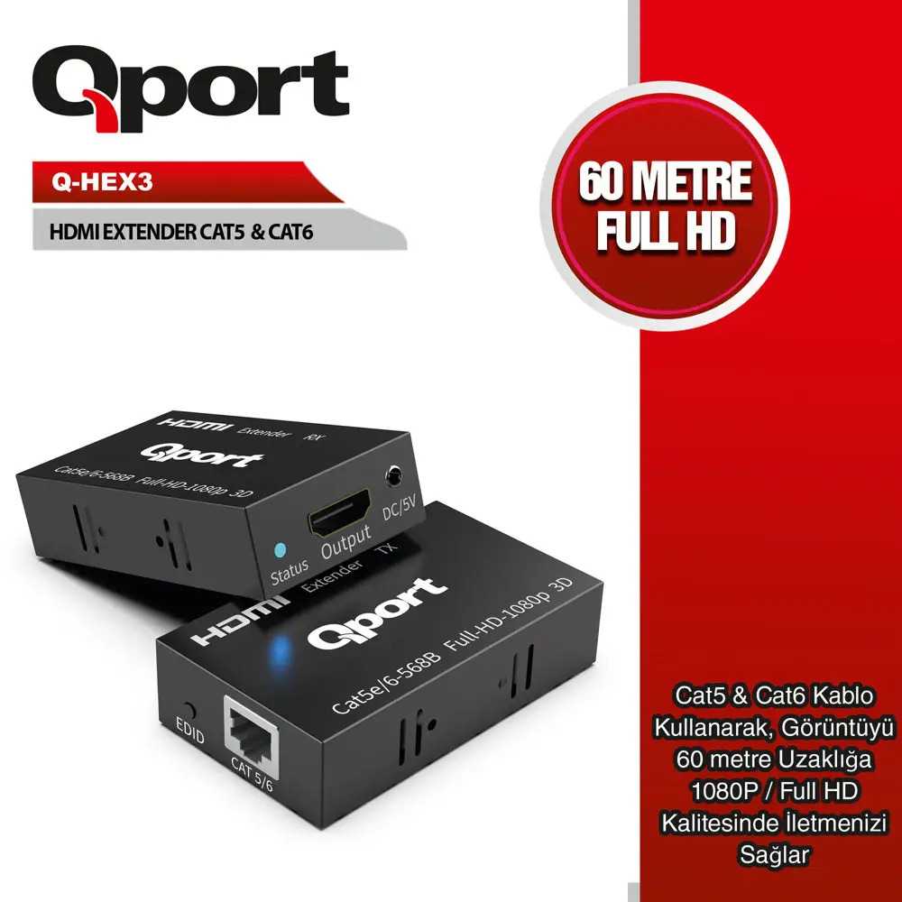 Qport Q-HEX3 60m HDMI Extender Cat6 2'li Paket